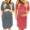 Pregnants Womens Dresses O-Neck Stripe Short Sleeve Nursing Nightwear Pajamas Pregnancy Clothing Maternity