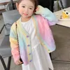 Regenboog gebreid vest meisjes herfst winter zoete kawaii trui jas kinderen meisje lange Koreaanse knop dons daling 211201