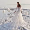 레이스 웨딩 드레스 2021 어깨 해변 간단한 긴 소매 맞춤형 플로어 길이 흰색 얇은 명주 얇은 가운 스윕 기차