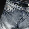 Pantalones vaqueros de estilo italiano a la moda para hombre, pantalones vaqueros de alta calidad Retro gris azul elásticos de algodón rasgados para pantalones vaqueros de diseñador Vintage RE8I