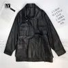 LY VAREY LIN Uzun Gevşek Faux Deri Ceket Kadınlar Vintage PU Kemer Bayanlar Rahat Siyah Giyim Ile 210526