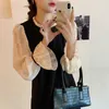 Women French Retro Mini Dress Patchwork Long Sleeves Gentle Elegant Stand Neck Chic Female Fashion Clothe 210525