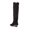 MStacchi femmes bottes hautes nu daim noir brodé genou femmes Sexy bout pointu Spike chaton talons chevalier 211104