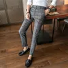 Herrbyxor Koreanska Mäns Klänning Mode Plaid Stripe Casual Slim Fit Office Pantalon Classic Retro Suit Pant Wedding