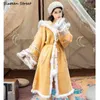Gypsy Woolen Women Coats and Jackets Winter Boho Yellow Hooded Coat Keep Warm Autumn Lace-up Cardigan Vintage 210603