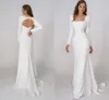 Splendidi abiti da sposa a sirena da spiaggia semplici con macchie quadrate, scollo quadrato, maniche lunghe, abiti da sposa bohémien senza schienale