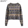 Zevity Women Vintage Square Collar Flower Print Jacquard Knitting Sweater Kvinna Långärmad Chic Cardigans Coat Tops S652 210914