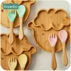 1set Baby Feeding Bowl Baby Dinner Plate Cartoon Sheep Bamboo Kids Feeding Dinnerware With Silicone Suction Cup Wooden Fork Spoo 211027