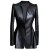 Lautaro Autumn Black Slim Soft Pu Läderjacka Kvinnor Deep V Neck Long Puff Sleeve Elegant Luxury Kirted Blazer Fashion 210923