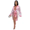 Женская пижама моды Сексуальная Доллар Домашняя ночная связь с напечатанным шнуровкой Требовое пальто Средней длины ночной рубашки