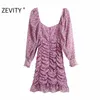 Zevity Women Fashion Square Collar Flower Print Pleated Mini Dress Lady Puff Sleeve Casual Slim Vestidos Chic Dresses DS4526 210303