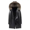 Lång shearling läderjacka vinterrock män kläder windbreaker hooded manlig outwear varm riktig kanin päls liner plus storlek svarta toppar