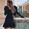 Women's Sexy Black Square Neck Long Sleeve Ruffle Bodycon Bandage Dress Spring Celebrity Club Evening Party Vestidos 210527