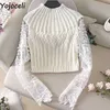 Yojoceli Sexy Koronki Rękaw Dzianiny Kobiety Sweter Jesień Party Casual Daily Dusturt Jumper Winter White Pullover 210609