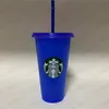 Starbucks-Becher, 24 oz/710 ml, wiederverwendbar, transparent, zum Trinken, mit flachem Boden, Farbwechsel, mit Lippenstrohhalm, magische Kaffeetasse