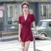 Eleganckie kobiety Kombinezon Lato Sexy Office Lady Body Solid Body Krótki Rękaw Moda Playsuit Slim Plus Rozmiar 210601