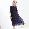 Pleated Yarn Dress For Women Navy Blue Layer Mesh Dresses Large Size Flare Sleeve Femlae Elegant Clothing 2D3925 210526