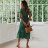 Green dress women floral summer Europe and America square collar puff sleeve black red chic maxi dresses feminina LR794 210531
