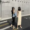 Yitimoky Robes tricotées côtelées pour femmes Été 2021 Col en V Noir Fête Casual Harajuku Slim Beige Pulls Vintage Robe Midi Y0603