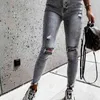 Stylish Gray Skinny Jean Streetwear High Waist Ripped Holes Pencil Stretchable Female Summer Pants 210629