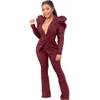 Business Work Formal Fitness Outfits Women's Tracksuit Long Puff Sleeve Buttons Up Blazers and Flare Bell Bottom Pant Sweatsuits