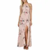 Women Halter Neck Chiffon Dress Floral Print Sleeveless Split Backless Long Elegant Hollow Out Beach Maxi Boho 210607