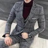 3 조각 2020 정장 남자 영국의 새로운 스타일 디자인 로얄 블루 망복 가을 겨울 두꺼운 슬림 맞는 격자 무늬 웨딩 드레스 턱시도 x0909