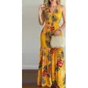 Femmes Floral Imprimer Halter Dos Nu Maxi Robe Sans Manches Patchwork Robes Longues 2021 Nouveau Summer Beach Party Sexy Dames Robes X0521