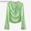 Famoso Nuevo Sexy Pecho Hueco Torcido Plisado Estampado floral Verde Manga acampanada Top Pullover Mujeres Casual B723 210306