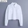 Zevity Frauen Mode Doppel Taschen Patch Kurze Kittel Bluse Weibliche Puff Sleeve Weißes Hemd Roupas Chic Chemise Tops LS7696 210603