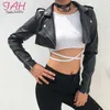 Iamty Noir PU Cuir Crop Veste Street Wear Punk Style Femmes Manteaux À Manches Longues Turn-Down Zipper Court Mode 211014