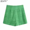 Zevity Women Fashion Green Color Tweed Woolen Bermuda Shorts Skirts Lady Side Zipper Chic Casual Slim Pantalone Cortos P1024 210724