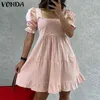 Women Short Sleeve Dress 2021 VONDA Holiday Summer Sundress Party Ruffled Square Collar A-line Mini Dress Vestidos Y220214