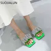 SUOJAILUN 2021 New Brand Women Slippers Fashion Bling Rhinestone Slides Summer Outdoor Beach Sandals Flat Flip Flop Big Size 41 K78