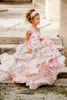 Encantadores volantes escalonados, vestidos de flores para niñas, apliques de encaje, vestidos florales para desfile, vestido de fiesta de cumpleaños para niña con manga casquillo