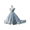 Kabarık Çiçek Kız Elbiseler 3D Çiçek V Boyun Uzun Kollu Çocuklar Gençler Pageant Törenlerinde Doğum Günü Parti Elbise Düğün Uzun Kuyruk Kıyafeti 2021