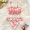 Seaselfie Pink Floral Bandeau Top Low-mist Bikini Set Sexig vadderad baddräkt Två stycken Badkläder Kvinnor 2021 Beach Bathing Suits 210305