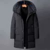 남자 다운 자켓 중간 길이 겨울 두꺼운 90 % 하얀 오리 아래로 자켓 천연 동물 모피 칼라 멀티 포켓 오버 코트 남성 211206