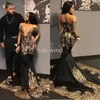 2022 Sexy Africain Noir Robes De Bal Avec Des Appliques D'or Paillettes Col En V À Manches Courtes Sirène Robe De Soirée Tribunal Train Robes De Soirée EE