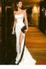 e Designer Preto Branco Vestidos de Noite Strapless Cetim Side Slit Sweep Train Custom Made Prom Party Ball Vestido Formal Ocn Wear Vestido