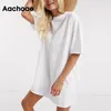 Aachoae Kadınlar Rahat Gevşek Katı 100% Pamuk T Gömlek Elbise O Boyun Mini Elbise Batwing Kısa Kollu Temel Elbiseler Vestidos 210309