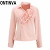 Clearance Ladies Elegant Pink Color Ruffles Blouse Tops Shirt Irregular Work Wear Button up Long Sleeve Female Fashion Blusas 210527
