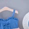 Ropa para niños Vestido de niñas de verano Vestido de mezclilla fino Costura de malla Sling Princess + Sombrero Bebé Ropa para niños 210611