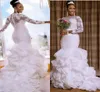 Appliques Lace Pleat Mermaid Wedding Dresses Simple Full Sleeve O-neck Zipper Organza african Bridal Gown vestido de noiva