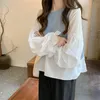 T-shirt das mulheres 2021 Costura coreana Costura de mangas compridas Chiffon Mulheres de malha Primavera Outono Solta camisa de fundo Pullover Tops Tee