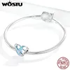 Wostu 100% 925 Sterling Silver Skydda jorden Charm Blå Emalj Heart Shape Pärlor Passa Charms Armband Bangle Smycken CTC298 Q0531