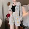 PERHAPS U Women Pink Apricot Plaid Notch Collar Double-breasted Blazer Empire Shorts Pant Casual Loose Two Pieces Set T0193 210529