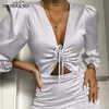 Missakso Kadınlar Mini Dantelli Elbise Parti Yay Tied Hollow Out Uzun Kollu Lace Up Bahar Sonbahar Seksi Fırfır Elbise Siyah 210625