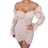 Casual Dresses Women Sexy V-neck Dress, Embroidery Pattern Long Puff Sleeves With Drawstring Design, S/ M/ L