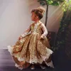 Guld Sequined Flower Girl Dresses With Lace Appliques Illusion Långärmade Tjejer Pagant Klänning Barn Födelsedagklänningar för fotografering Hög Låg